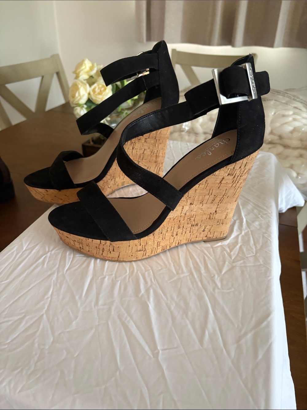 Charles by Charles David Black Suede Cork Wedge Sandals